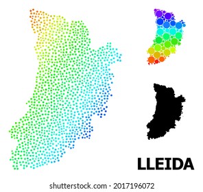 Dot spectrum, and solid map of Lleida Province, and black text. Vector model is created from map of Lleida Province with round dots. Abstraction designed for political templates.