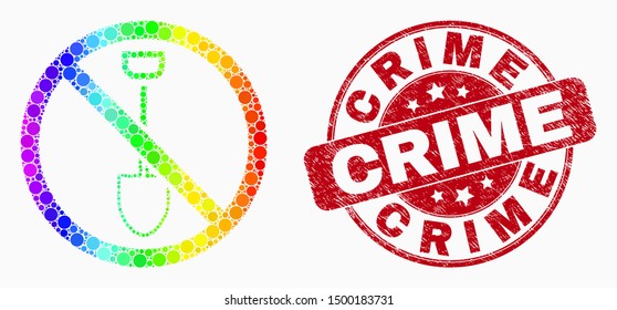 Dot spectrum stop digging mosaic icon and Crime watermark. Red vector round textured watermark with Crime title. Vector collage in flat style.