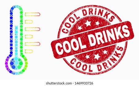 Dot spectrum temperature mosaic icon and Cool Drinks seal. Red vector rounded distress seal stamp with Cool Drinks message. Vector composition in flat style.