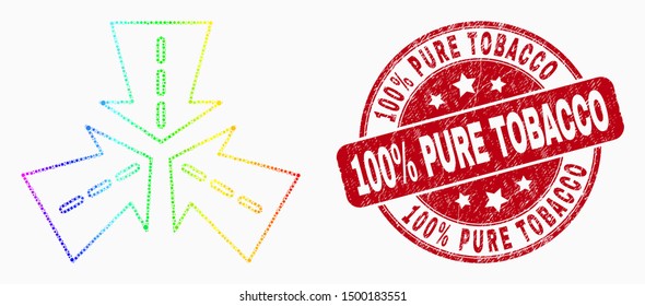 Dot spectrum triple roads intersection mosaic pictogram and 100% Pure Tobacco stamp. Red vector rounded distress seal stamp with 100% Pure Tobacco phrase. Vector combination in flat style.