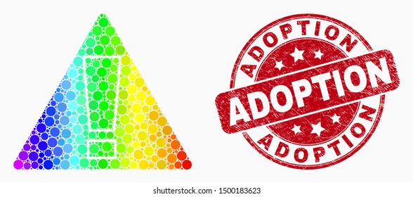 Dot spectrum warning mosaic icon and Adoption seal. Red vector rounded grunge stamp with Adoption phrase. Vector composition in flat style. Bright gradient warning mosaic of scattered circles,