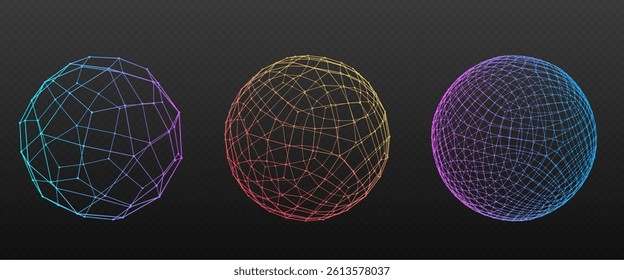 Dot sphere collection - particle globe set on black. Colorful polygonal wireframe balls and triangulated facet orbs. Geometric 3d meshes with lines and points. Minimalist low poly spherical shapes.