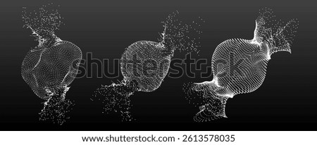 Dot sphere explosion with particle burst effect on black background. Scattered point of dispersing pixelated globes. Disintegrating circular grids, deconstructed wireframe balls. Futuristic 3d shapes.