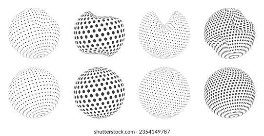 Dot spheres. Geometric round planet earth ball, nanometric globe and knot atom model. Vector flat perspective shapes isolated set of sphere round geometric illustration