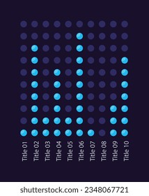Dot apila la plantilla de diseño de gráfico infográfico para el tema oscuro. Diez categorías. Comparemos los logros. Infograma editable con filas verticales. Presentación de datos visuales. Multitud de tipos de letra Pro-Bold, con uso regular