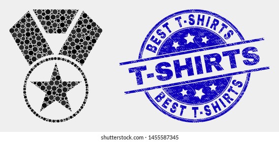 Dot star award mosaic icon and Best T-Shirts seal stamp. Blue vector rounded scratched stamp with Best T-Shirts phrase. Vector collage in flat style.
