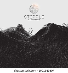 Dot stipple illustration. Old art Snowboard mountain Art background. Pointillism graphic. Grain terrain wallpaper.