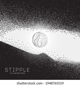 Dot stipple illustration. Old art Snowboard mountain Art background. Pointillism graphic. Grain terrain wallpaper.