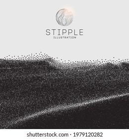 Dot stipple illustration. Old art Snowboard mountain Art background. Pointillism graphic. Grain terrain wallpaper.