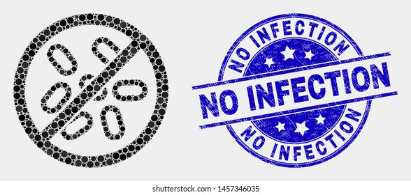 Dot stop microbes mosaic icon and No Infection seal stamp. Blue vector rounded scratched seal stamp with No Infection caption. Vector combination in flat style.