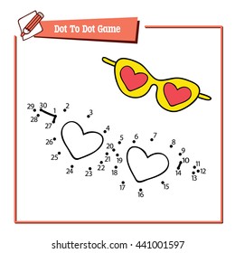 dot to dot sunglasses educational kid game. Vector illustration educational game of dot to dot kid puzzle with cartoon sunglasses for children