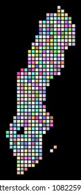 Dot Sweden Map. Vector geographic map in randomized colors on a black background. Vector concept of Sweden Map formed of regular small rectangles.
