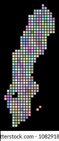 Dot Sweden map. Vector geographic map in smoothed casual colors on a black background. Vector concept of Sweden map organized of regular square dots.