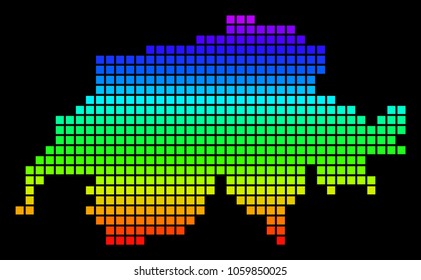 A dot Swissland Map. Vector geographic map in bright spectrum colors on a black background. Multicolored vector abstract concept of Swissland Map designed of square dots.