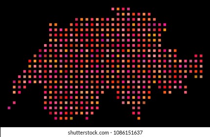 Dot Swissland map. Vector geographic map in red color variations on a black background. Abstract collage of Swissland map formed from regular square elements.