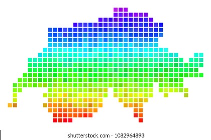 Dot Swissland map. Vector territory map drawn with bright spectrum color tints with vertical gradient. Colored vector pattern of Swissland map designed from square dots.
