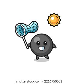 dot symbol mascot illustration is catching butterfly , cute design