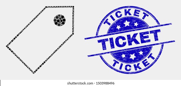 Dot tag mosaic icon and Ticket seal stamp. Blue vector rounded grunge stamp with Ticket title. Vector composition in flat style. Black isolated tag mosaic of randomized spheres,