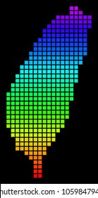 A dot Taiwan Island Map. Vector geographic map in bright spectrum colors on a black background. Colored vector abstract concept of Taiwan Island Map combined of square dots.