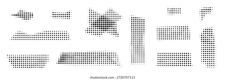 Conjunto de iconos de cinta de puntos, whisky de medio tono, colección de piezas de cinta adhesiva de gradiente. Stipple rasgado rayas pegajosas, colección de corte scotch retro de ruido, Ilustración vectorial de Elementos halfton