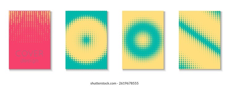 Dot Template Set. Color Circles On Memphis Layout. Minimalistic Brochure In 2d Frame. Abstract Flyer. Minimalist Halftone Texture. Geometric Book Pattern. Trendy Dot Template