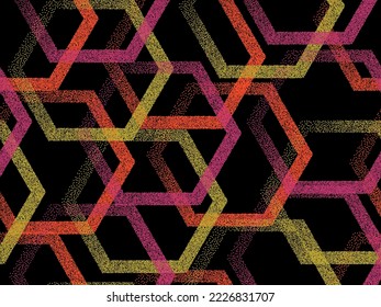 Dot texture hexagon geometric seamless vector pattern. Continuous dotwork background graphic design. Gradient dotted hexagonal shapes. Stylish faded polygons overlap, grainy texture shapes.