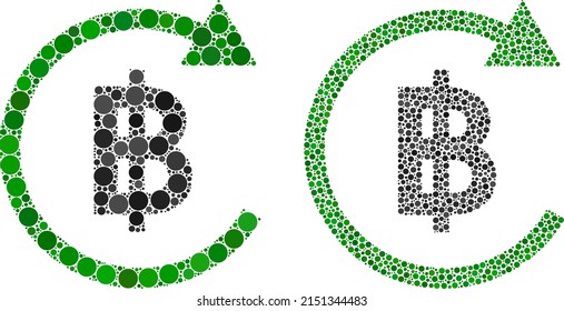Dot Thai baht repay icon. Collage Thai baht repay icon composed of circle elements in various sizes and color variations. Vector circle parts are composed into collage Thai baht repay icon.