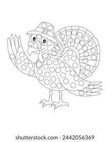 Dot thanksgiving coloring page for adults and kids black and white coloring book page