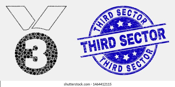 Dot third place award mosaic pictogram and Third Sector seal. Blue vector round scratched stamp with Third Sector message. Vector combination in flat style.