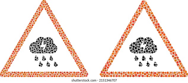 Dot thunderstorm warning icon. Mosaic thunderstorm warning icon designed from spheric parts in random sizes and color tones. Vector spheric parts are combined into mosaic thunderstorm warning icon.