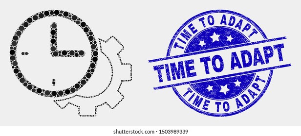 Dot time settings gear mosaic pictogram and Time to Adapt stamp. Blue vector round scratched seal stamp with Time to Adapt phrase. Vector collage in flat style.