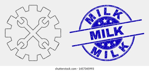 Dot tools gear mosaic icon and Milk seal stamp. Blue vector rounded distress seal stamp with Milk title. Vector collage in flat style. Black isolated tools gear mosaic of random spheres,