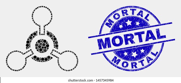 Dot toxic Nerve agent mosaic icon and Mortal seal stamp. Blue vector round distress stamp with Mortal text. Vector composition in flat style. Black isolated toxic Nerve agent mosaic of random circles,