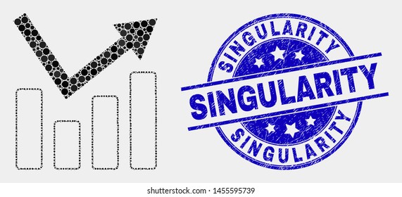 Dot trend chart mosaic icon and Singularity seal. Blue vector round scratched seal stamp with Singularity caption. Vector composition in flat style.