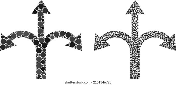 Dot triple bifurcation arrow icon. Collage triple bifurcation arrow icon designed from round items in random sizes and color variations.