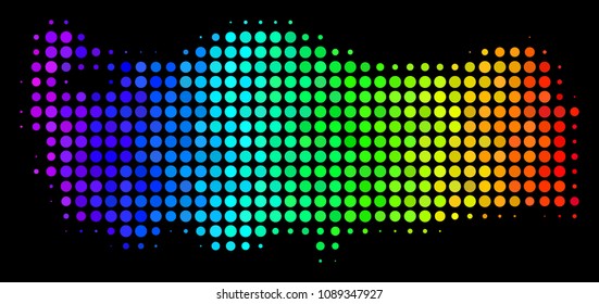 Dot Turkey map. Halftone territorial scheme drawn with rainbow color variations with horizontal gradient on a black background. Vector composition of Turkey map created of small spheres.