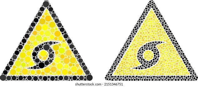 Dot typhoon danger icon. Collage typhoon danger icon composed of spheric elements in various sizes and color variations. Vector spheric elements are composed into mosaic typhoon danger icon.