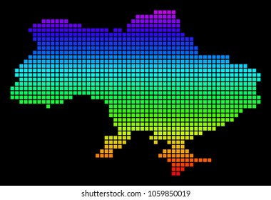 A dot Ukraine Map With Crimea. Vector geographic map in bright spectrum colors on a black background. Colored vector abstract collage of Ukraine Map With Crimea created of square dots.