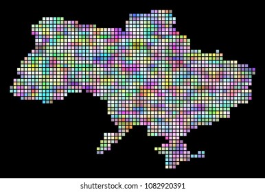 Dot Ukraine map With Crimea. Vector geographic map in smoothed casual colors on a black background. Vector concept of Ukraine map With Crimea designed with regular small squares.