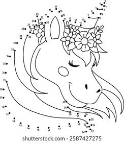 Dot to Dot Unicorn Wearing Flower Wreath Isolated 