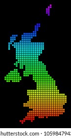 A dot United Kingdom Map. Vector geographic map in bright spectrum colors on a black background. Colorful vector abstract pattern of United Kingdom Map composed of square dots.
