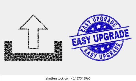 Dot upload mosaic icon and Easy Upgrade seal. Blue vector round distress seal stamp with Easy Upgrade message. Vector collage in flat style. Black isolated upload mosaic of randomized spheres,