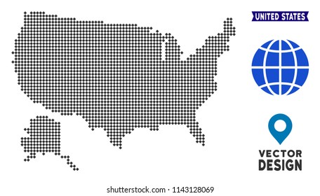 Dot USA with Alaska map. Vector geographic plan in dark gray color. Points have rhombus form.