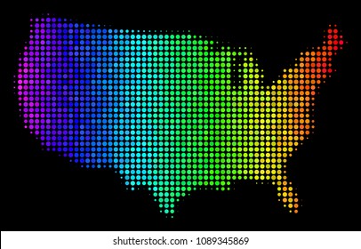 Dot USA map. Halftone geographical plan using spectral color tones with horizontal gradient on a black background. Vector mosaic of USA map designed of sphere blots.