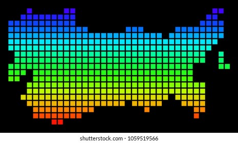 A dot USSR Map. Vector geographic map in bright spectrum colors on a black background. Colored vector abstract pattern of USSR Map constructed of small squares.
