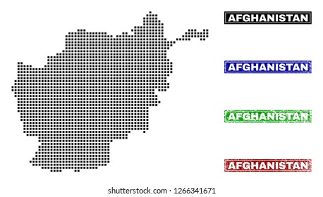 Dot vector abstract Afghanistan map and isolated clean black, grunge red, blue, green stamp seals. Afghanistan map title inside draft framed rectangles and with grunge rubber texture.