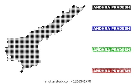 Dot vector abstract Andhra Pradesh State map and isolated clean black, grunge red, blue, green stamp seals.