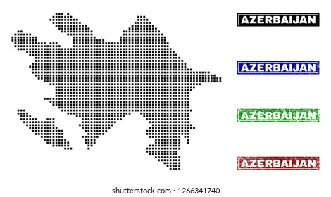 Dot vector abstract Azerbaijan map and isolated clean black, grunge red, blue, green stamp seals. Azerbaijan map name inside draft framed rectangles and with scratched rubber texture.
