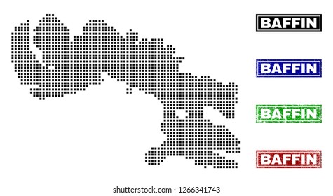 Dot vector abstract Baffin Island map and isolated clean black, grunge red, blue, green stamp seals. Baffin Island map tag inside draft framed rectangles and with grunge rubber texture.