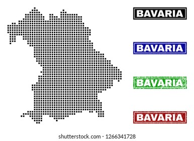 Dot vector abstract Bavaria Land map and isolated clean black, grunge red, blue, green stamp seals. Bavaria Land map tag inside draft framed rectangles and with grunge rubber texture.
